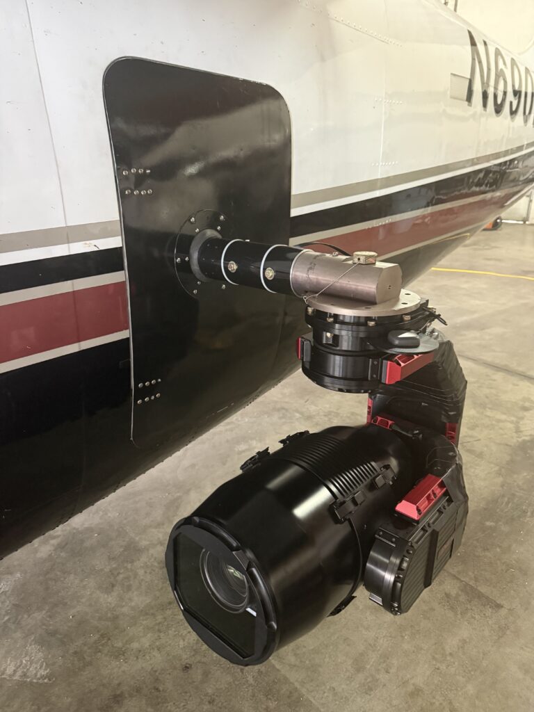 CineShot custom stabilization mount on Turbo Commander aircraft